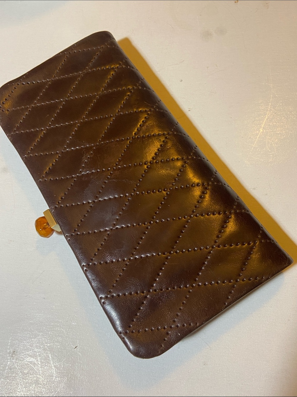 HOBO The Original Dark Brown Quilted Leather Wallet Amber Top Knob